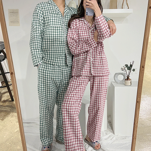 [무료배송] 달콤 깅엄 체크 커플 파자마 set , 커플 잠옷
