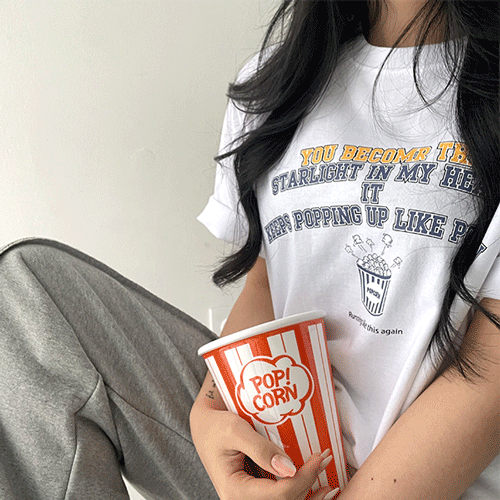 [오버핏!] 파핑 팝콘 프린팅 레터링 오버핏 반팔 티셔츠