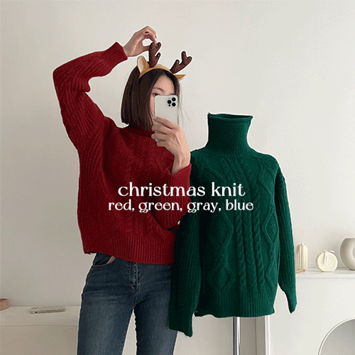 [색감굿! 크리스마스] 징글벨 터틀넥 꽈배기 니트 티셔츠, 폴라 니트