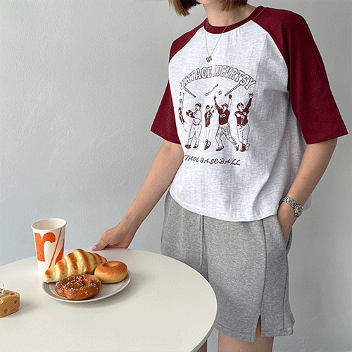 [세미크롭] 야구 프린팅 레터링 배색 나그랑 반팔 티셔츠, 크롭티