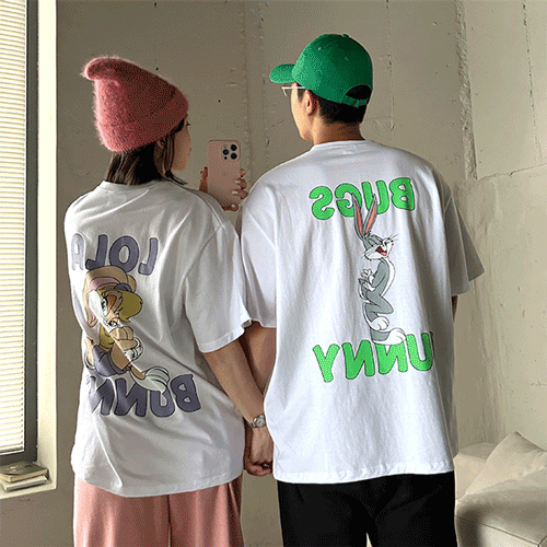 [💖루니툰 정품] 바니바니 백프린팅 오버핏 반팔 티셔츠, 커플룩