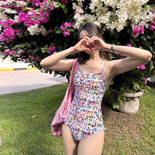 [모노키니] 레인보우 패턴 코르셋 리본 원피스 수영복, 비키니, 휴양지룩 스윔웨어